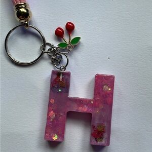 Pink Glitter 'H' Keychain with Cherry Charm